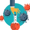 Medical bottle and coronavirus molecules. Coronavirus, Covid-19. Outbreak. Flat vector