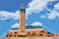 Hassan II Mosque in Morocco. Flat cartoon style historic sight showplace attraction web site vector illustration. World countries