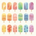 Ice cream sticks on pastel color, rainbow colored fruity collection,  cold fresh snack summer holiday dessert, vector Royalty Free Stock Photo