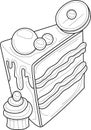 Cartoon slice of cake with cookie, cupcake and sprinkles sketch temlpate. Royalty Free Stock Photo