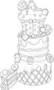 Cartoon decorated cake with cookies, macaroons, cupcakes and donuts sketh template.