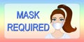 Mask required poster. Young woman wearing face mask. No mask no entry.Covid-19 second wave. Girl