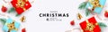 Christmas and New Year banner. Xmas white background with realistic gift boxes. Holiday poster, greeting card, website header Royalty Free Stock Photo