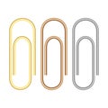 Golden, brass and steel paper clip isolated on white, 3d vector illustration