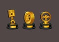 Golden thropy award in piston, wheel and steer symbol for automotive racing symbol icon set concept illustration vector Royalty Free Stock Photo