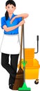 Cleaning worker posing and holding cleaning tool