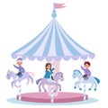 Vector illustration of kids riding a carousel in winter. Cartoon illustrations for postcards and other prints. Royalty Free Stock Photo