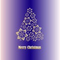 Greeting card 2021. Golden Christmas tree made of snowflakes on a blue background with the wish `Merry Christmas`.