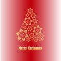 Greeting card 2021. Golden Christmas tree made of snowflakes on a red background with the wish `Merry Christmas`.