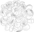 Realistic mix sweets, strawberry fruit and rose flower bouquet sketch template.