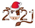 2021 - year of the bull - vector full color illustration. The year and the spotted calf in a red santa claus hat is a symbol of th