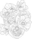 Realistic mix flower bouquet with roses and poppy sketch template