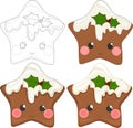 Cartoon colorful cute gingerbread star with mistletoe sketch template set.