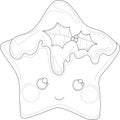 Cartoon cute gingerbread star with mistletoe sketch template.