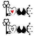 Word love written with different Valentine\'s Day elements. Set of 2 Love lettering designs. Black and White.