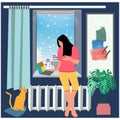 Stay and work at home cozy winter interior workspace lifesyle   illustration Royalty Free Stock Photo