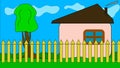 Drawn house with a roof, a tree, against a blue sky with clouds behind a yellow fence Web Royalty Free Stock Photo