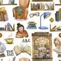 Books. Book shelves, reading people, book store, armchair with plaid, swirls, lamp, glasses. Collection design elements on white b