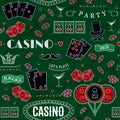 Casino theme. Seamless pattern with decorative elements on green texture cloth. Gambling symbols. Royalty Free Stock Photo