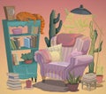 Cozy living room furniture. Armchair with  pillows and blanket, cat character lying on bookcase, lamp, plants, cacti and books. In Royalty Free Stock Photo