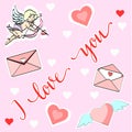 I love you. Stickers, hearts, cupid, angel, letters.