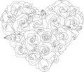 Realistic rose flower bouquet in heart shape sketch template.