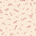 Seamless background with illustrations of hearts and with the words LOVE Royalty Free Stock Photo