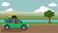 Family with children. Father driving car green color  travel to nature of meadow on soil road. Royalty Free Stock Photo