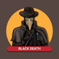 Black Death Plague Doctor. medieval pandemic medic crew wear bird mask costume symbol concept in cartoon illustration vector