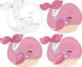 Cartoon colorful pink whale with heart bubbles sketch template set.