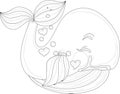 Cartoon whale with heart bubbles sketch template.