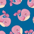 Cartoon colorful pink whale with heart bubbles seamless pattern template.