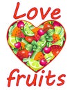 Heart with fruits and berries and the inscription love fruits - vector full-color picture about love to healthy food, veganism, ve Royalty Free Stock Photo