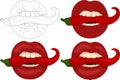 Realistic colorful lips and red hot pepper sketch template set.