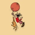 Boy flying with a balloon with his cat