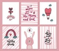 Set of Valentine`s day greeting cards decorated with doodles and lettering quotes