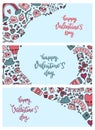 Set of 3 Valentine`s day banners with doodles and lettering Royalty Free Stock Photo