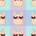 Colorful cartoon cool looking lama in heart shaped glasses seamless pattern template.