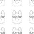 Cartoon cool looking lama in heart shaped glasses seamless pattern sketch template.