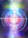 Cosmic heart, DNA spiral glowing in Universe fractals, merkaba, portal, flower of life, diamond heart grid Royalty Free Stock Photo