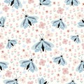 Seamless pattern with blue butterflies and flowers Royalty Free Stock Photo