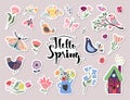 Hello spring stickers collection with different seasonal elements Royalty Free Stock Photo