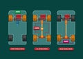 Car differences between Drivetrains FWD, AWD and RWD infographic concept in cartoon illustration vector