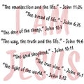 Jesus` I AM vector statements on white in gospel of John in the Bible`s new testament. I am the way, truth, life, vine, resurrecti Royalty Free Stock Photo