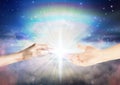 Magical divine love healing energy from hands universe background Royalty Free Stock Photo