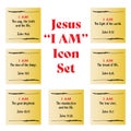 Jesus` I AM posted note yellow icon set statements in gospel of John in the Bible`s new testament. I am the way, truth, life, vine Royalty Free Stock Photo