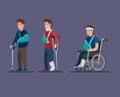 Injury man wear gips crutches and sit in wheelchair symbol set in cartoon illustration vector