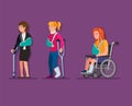 Injury girl collection set in wear gips crutches and sit in wheelchair concept in cartoon illustration vector