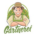 gardener cartoon logo with German text that means gardening