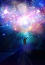 Man universe  meditation  spiritual healing  human body energy beams  connected with all Royalty Free Stock Photo
